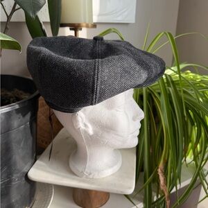 NWT Ted Baker Charcoal Herringbone Wool Baker Boy Hat M/L